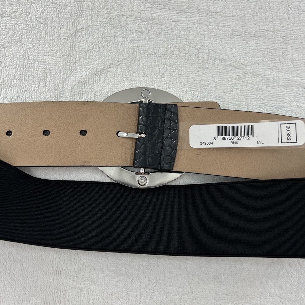Nine West Black Faux Snake Pink Round Silver Buckle Stretch Belt Size M/L - Picture 5 of 7